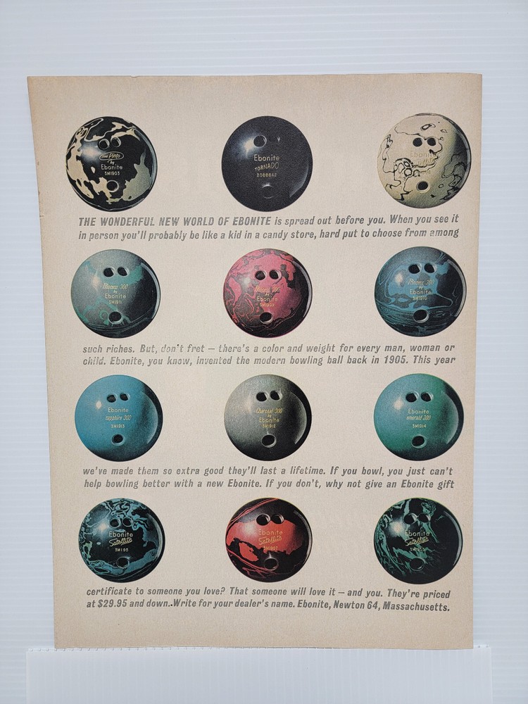 1962 Ebonite Bowling Balls 12 models Color Print Ad 11x14