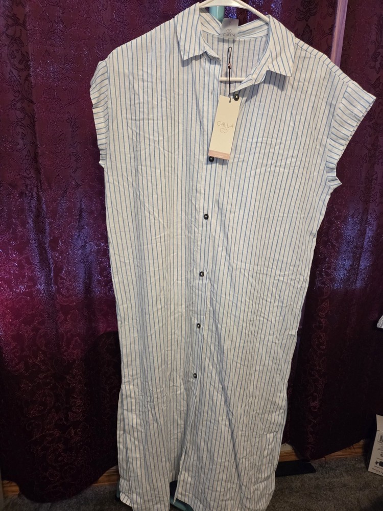 New Calia Button Down Swim Coverup. Sz S. Blue Stripe. NWT.        #359