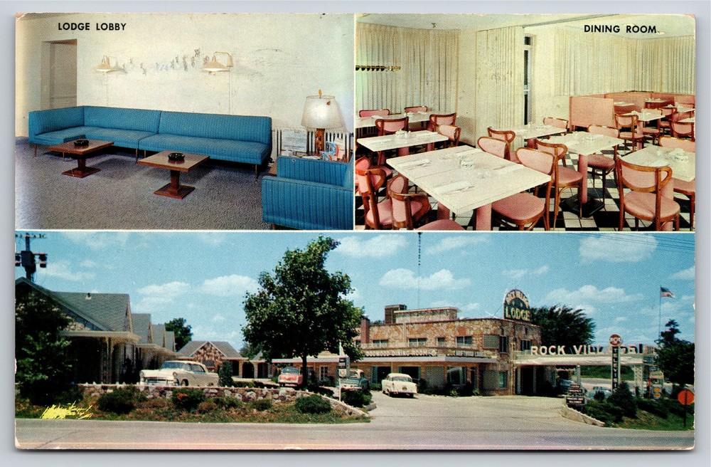 Spring Village MO~Rock Village Lodge Ext Lobby & Dining Room~Vintage Postcard