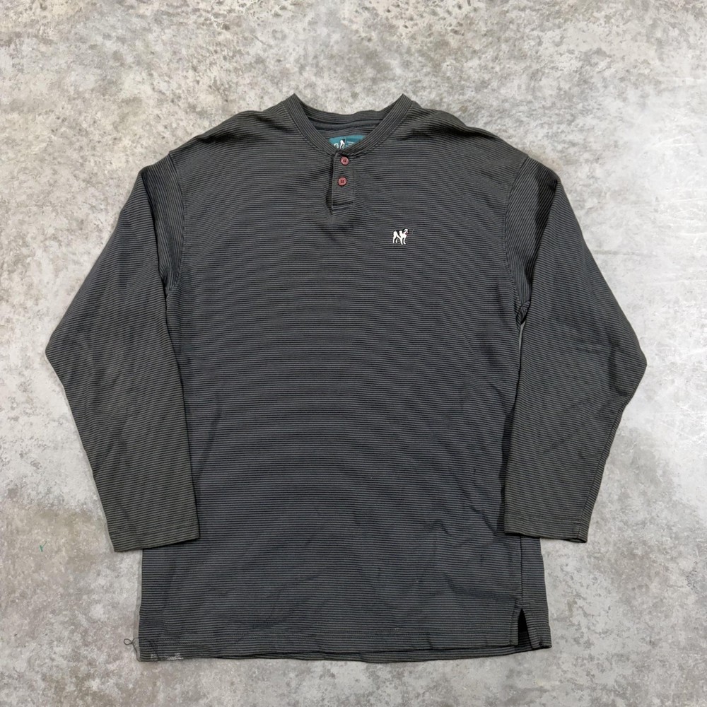 Big Dogs Shirt Mens Large Gray Striped Long Sleeve Henley Dog Logo Tee Knit