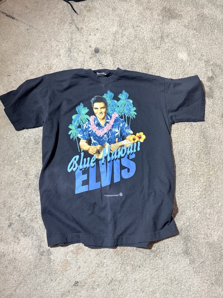 Vintage 90s Black Elvis Presley Blue Hawaii Rock Music T Shirt 1998 Sz Large