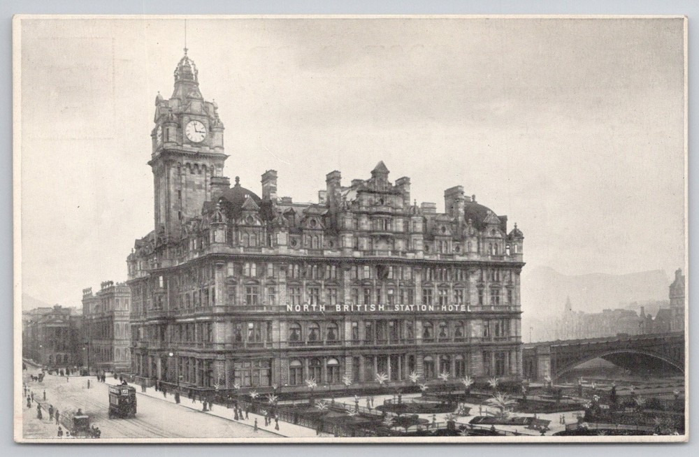 Edinburgh North British Station Hotel Clock Tower Tram Postcard