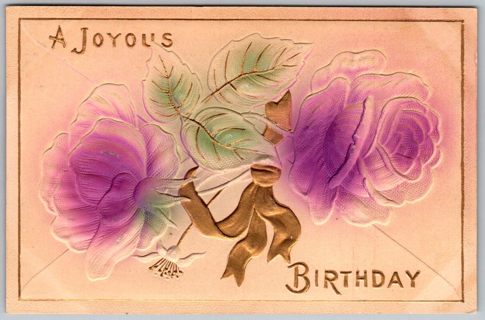 Antique Postcard Embossed Purple Roses Birthday 1910s