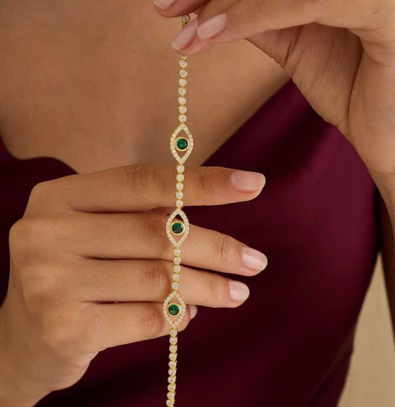 7 ct Round Cut Simulated Emerald Evil Eye Tennis Bracelet 14k Yellow Gold Plated