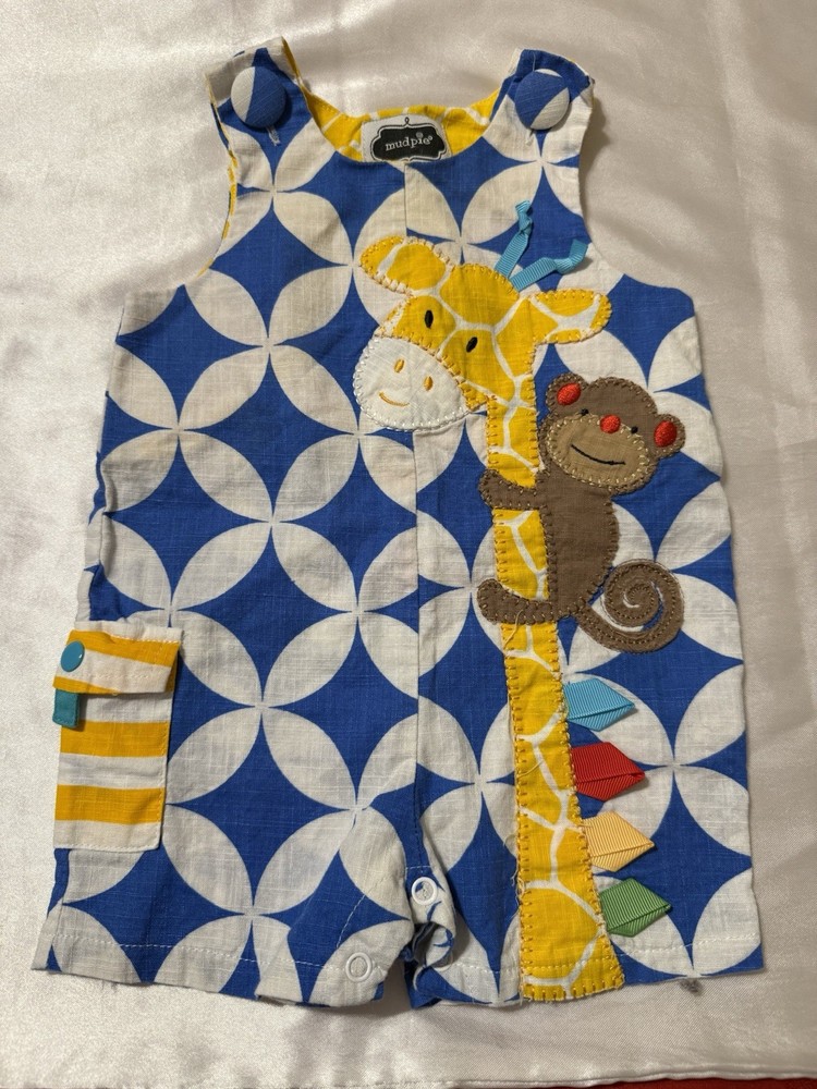 Mud Pie Romper Vintage, 6-9 M, Stripes Pattern, Monkey And Giraffe