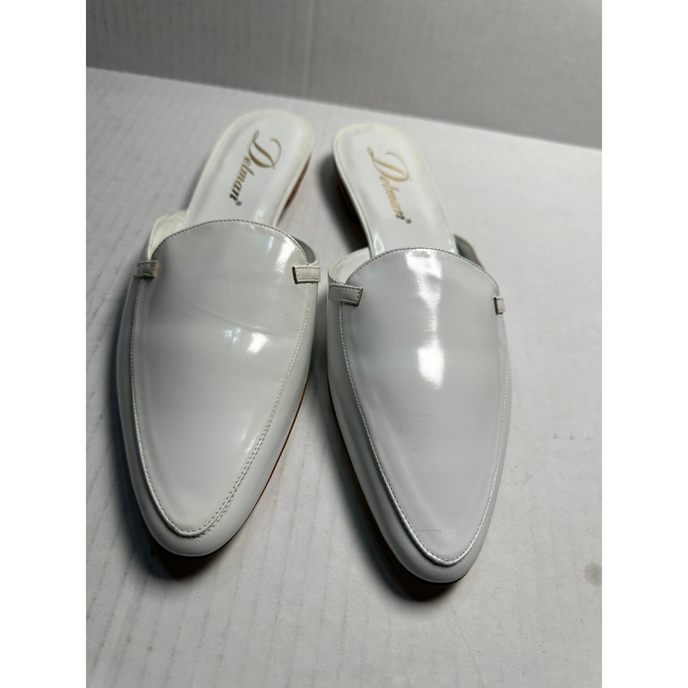 Delman White Patent Leather Pointed Toe Mules Slides Minimalist Size 9 Medium