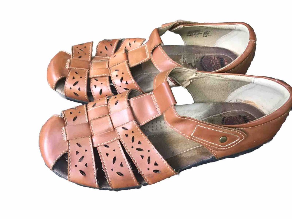 EARTH SPIRIT womens hook & loop flats brown faux leather casual shoes size 10