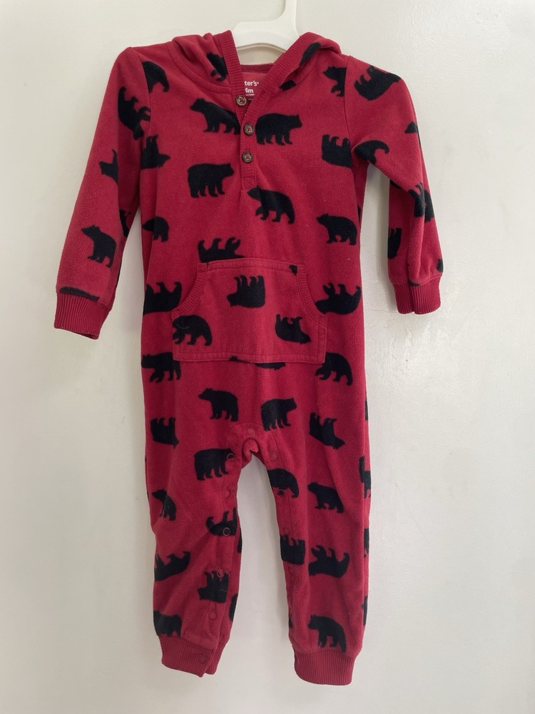 Carter's Baby Boys Cute Allover Bear Print Cozy Fleece Hooded Jumpsuit Red 24M