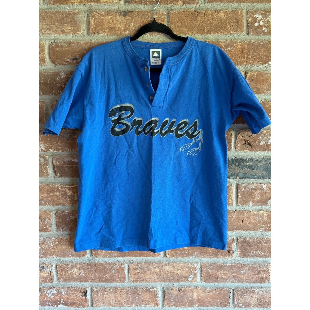 Vintage Atlanta Braves Henley Shirt USA Made Blue Baseball Tee Mens M