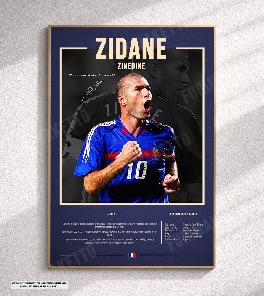 Zidane Zinedine - Canvas Print Poster Football Soccer Stats Bio Wall Art
