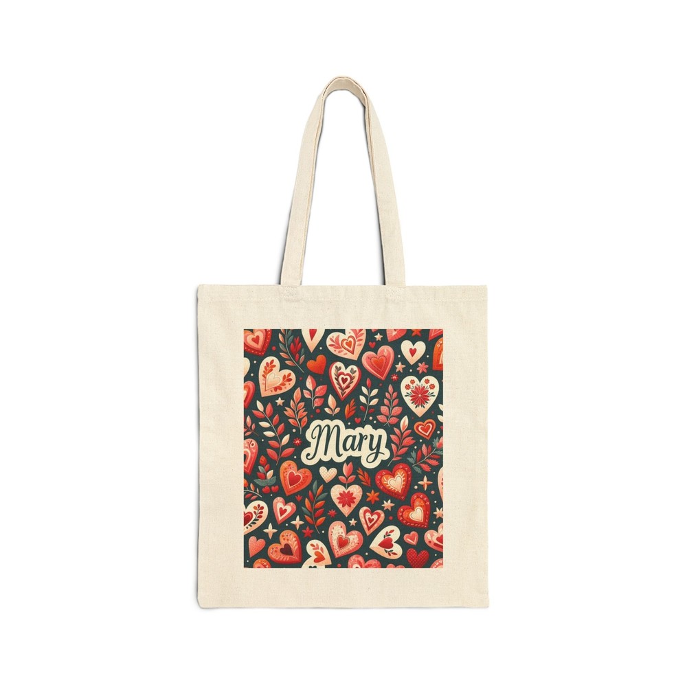 Personalized MARY Cotton Canvas Tote Bag with Multicolored Hearts Design Gift