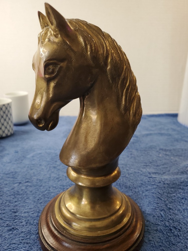 Vintage Bronze look Finish Horse Head Sculpture Bookend on Wooden base
