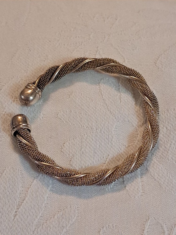VTG 925 Sterling Silver Twisted Mesh Cuff Bracelet Ball Tyle End Caps (LB)