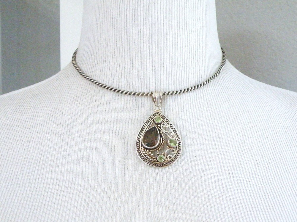 Vintage Sterling Silver 925 Large Smoky Topaz Pendant Cable Collar Necklace 16