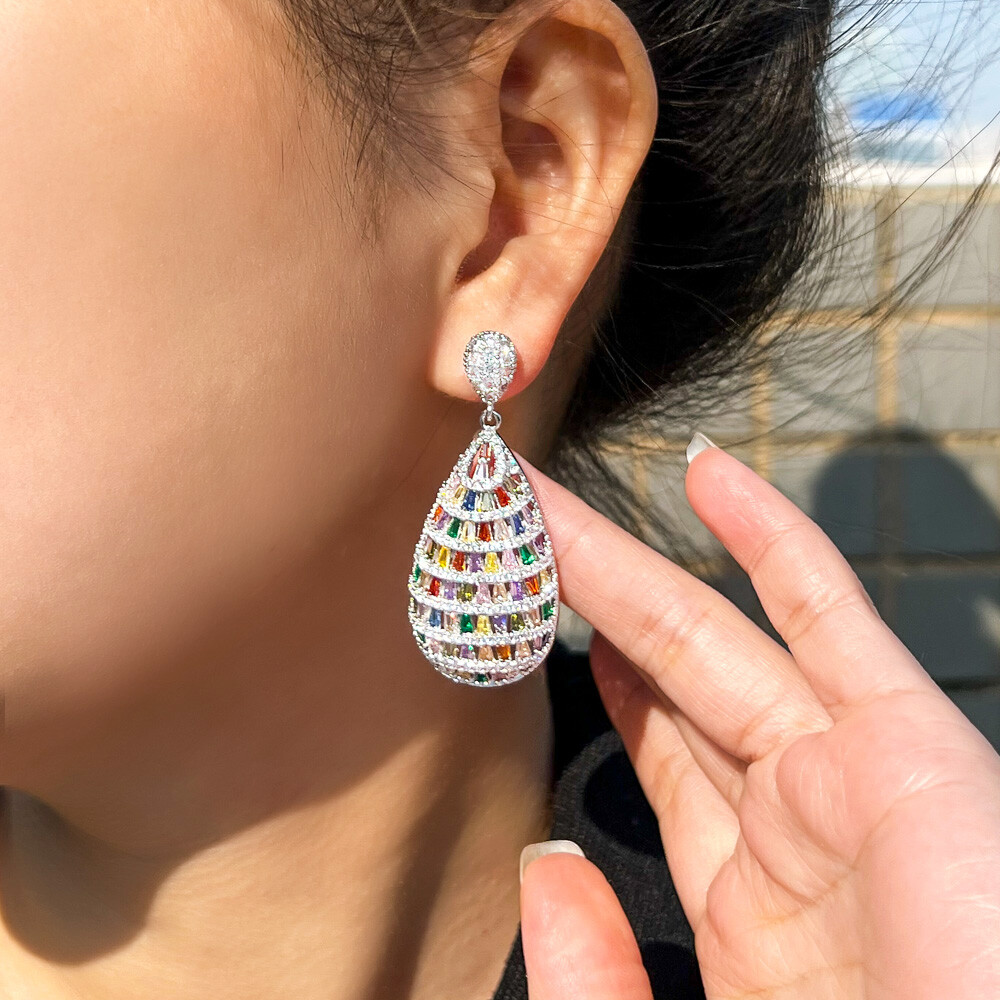 Women Silver Plated Multicolor Cubic Zircon Long Water Drop Dangle Earrings Gift