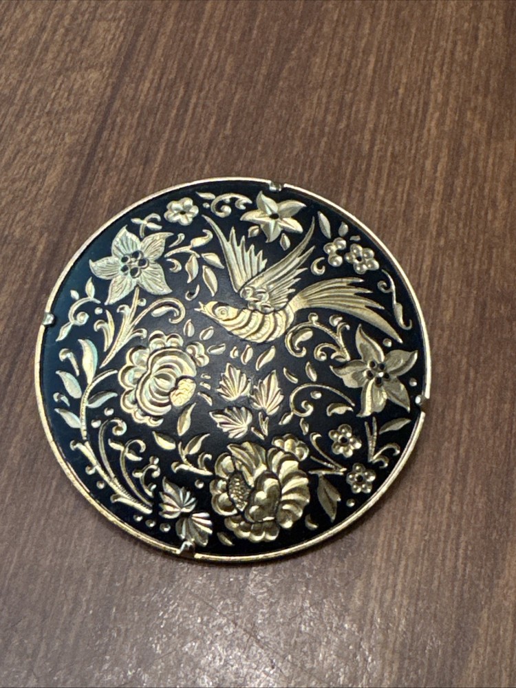 Black and Gold Round Damascene Bird Floral Metal Brooch Fashion Pin