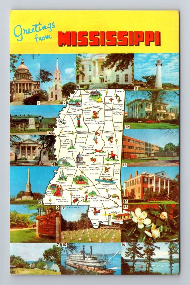 MS-Mississippi, General Greetings, State Map, Landmarks, Vintage Postcard