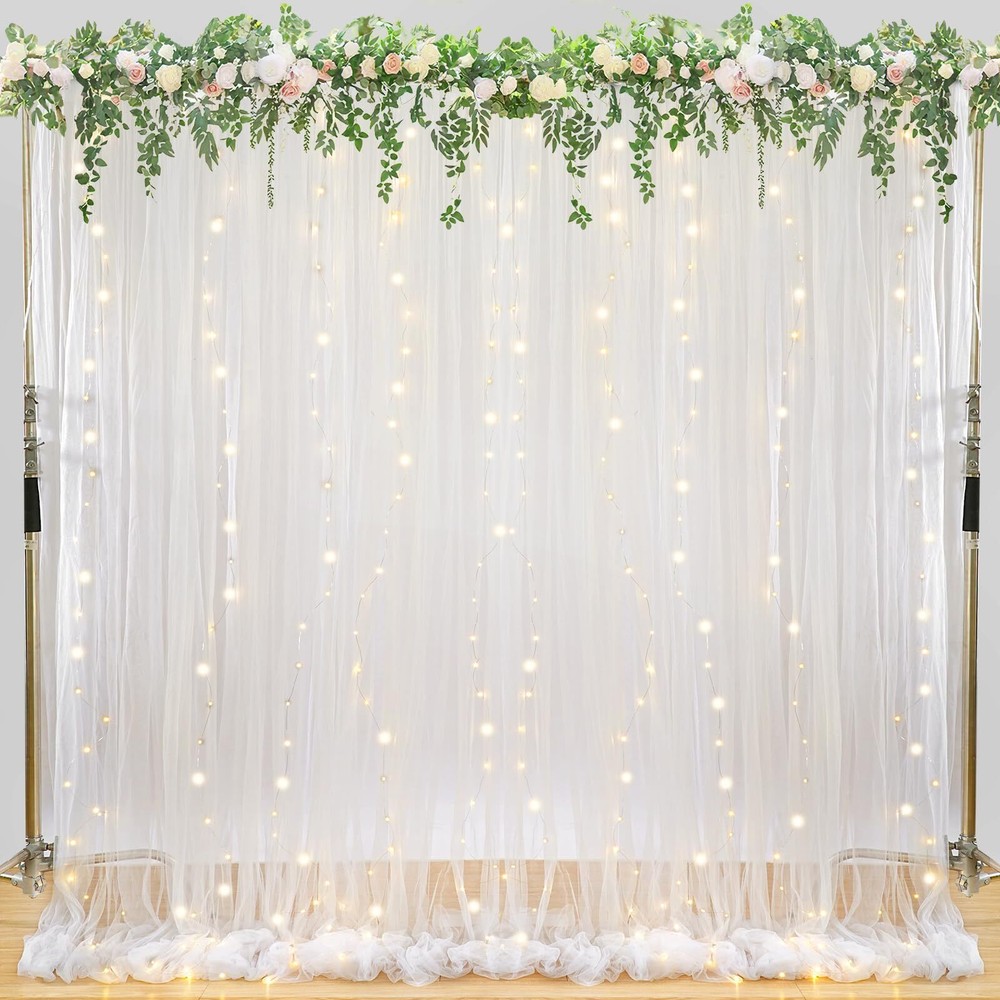 Tulle Backdrop Curtains with Lights Sheer Fabric Wedding Party 5x10ft