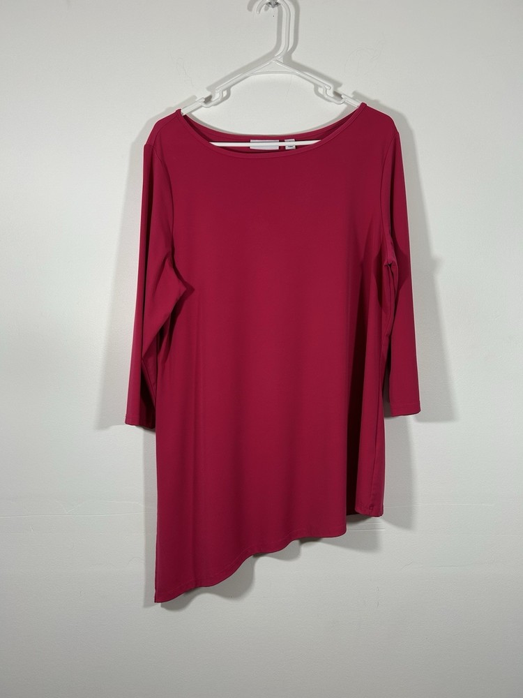 Susan Graver Women's Magenta Liquid Knit Long Sleeves Asymmetrical Hem Size L