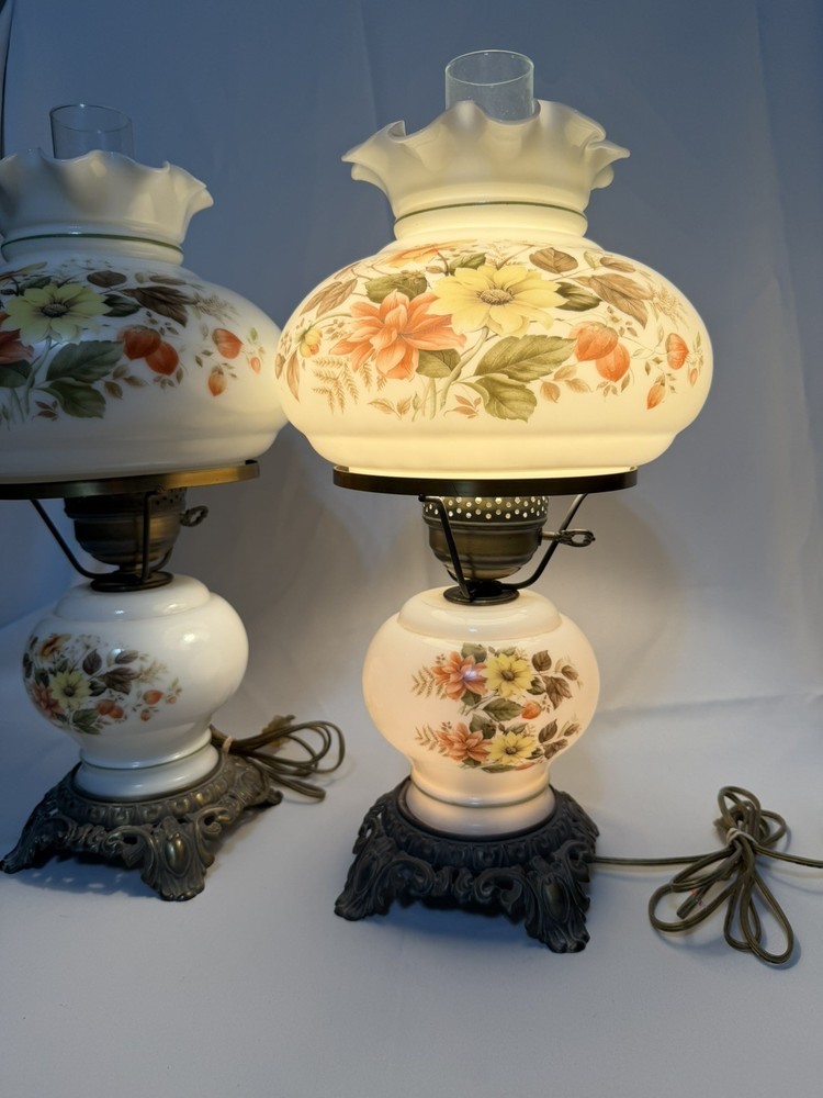 Matching Vintage Hand Painted Milk Glass Hurricane Table Lamp Colonial Lamp 19