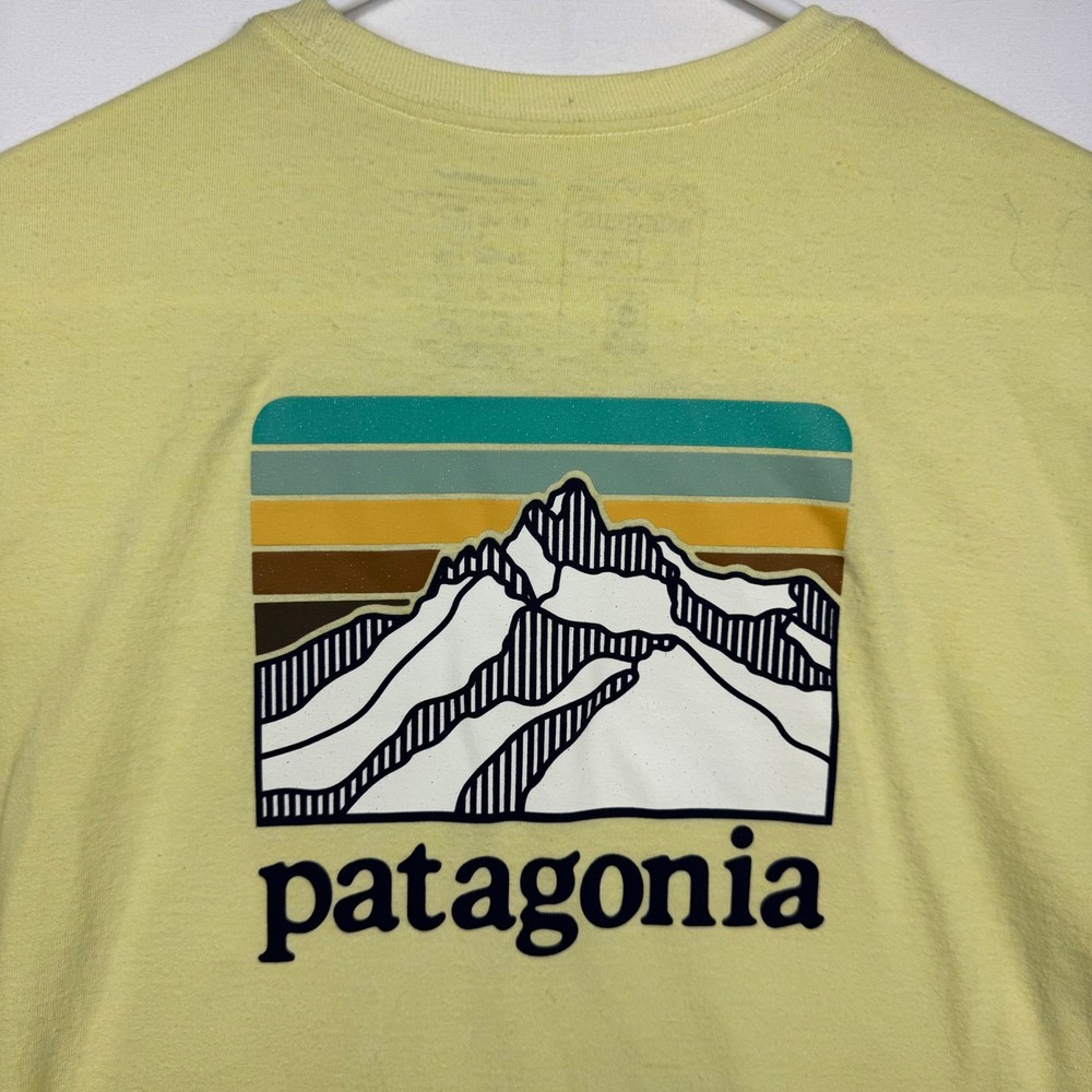 Patagonia Responsibili-Tee Small Yellow Pocket T-Shirt Mountain Graphic Stain