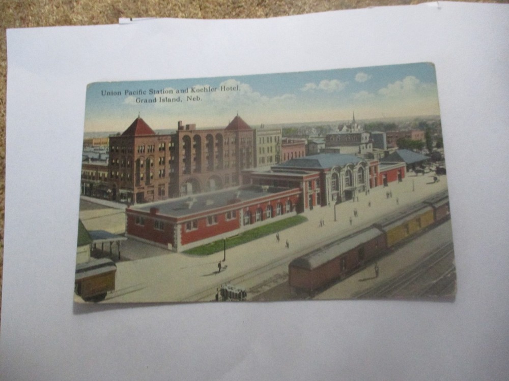 Union Pacific Station & Koehler Hotel Grand Island Neb Nebraska postcard train