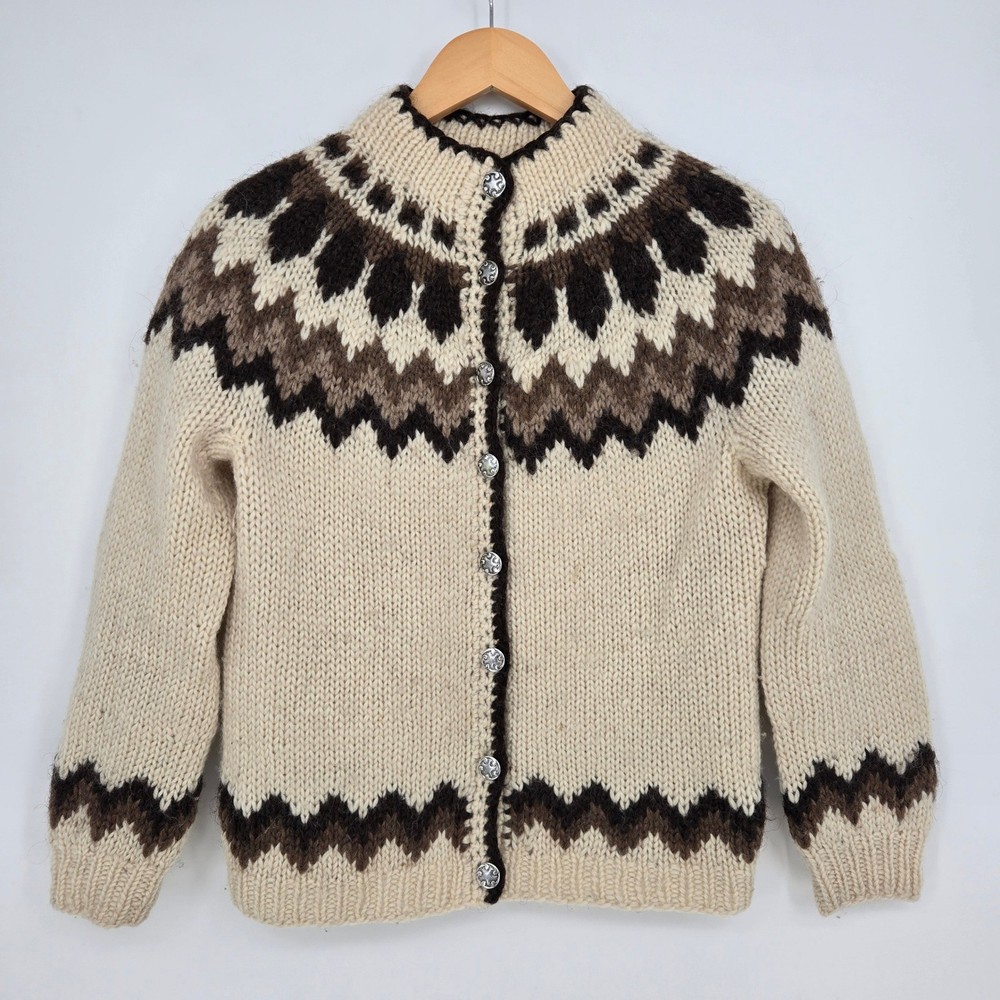 Handmade Vintage Nordic Fair Isle Wool Cardigan Sweater Cream Brown Women L