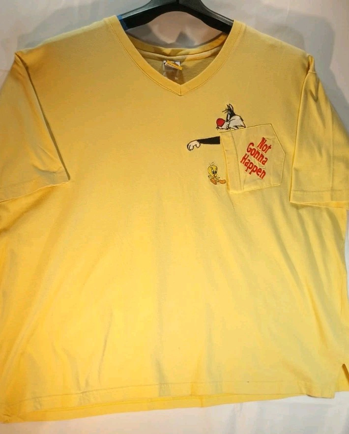 Vintage Warner Bros Sylvester Tweety Embroidered Pocket T-Shirt Yellow Size W 3XL