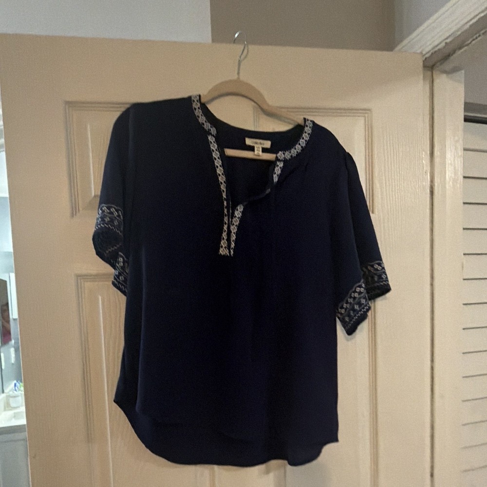 J. Crew Women’s Size L Blue Solid Split Neck Embroidered Short Sleeve Blouse