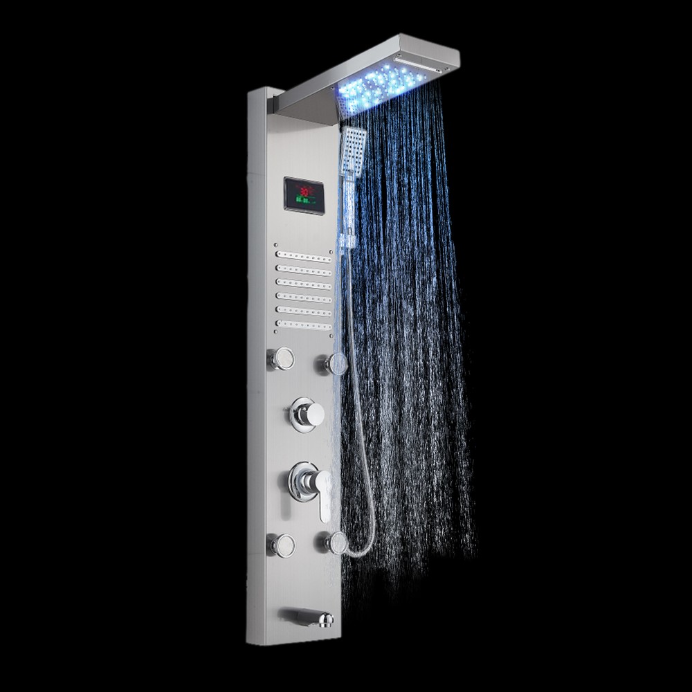 Stainless Steel LED Shower Panel Tower Rain&Waterfall Massage Jets System Mixer
