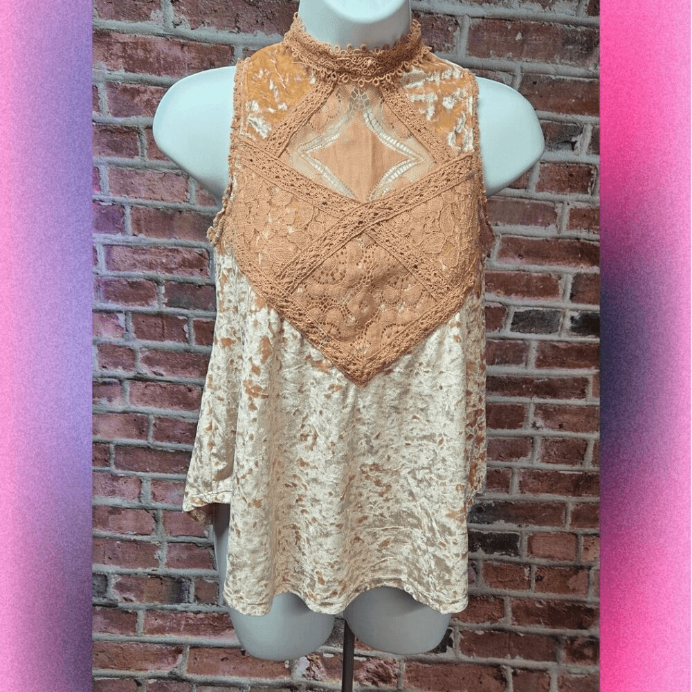 Taylor & Sage Velvet Feel Lace Trim Mock Neck Sleeveless Top  Size XS Brown
