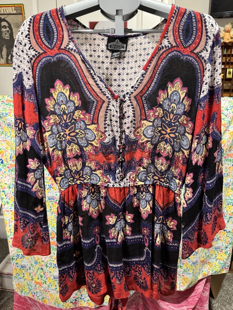 Angie Women’s Size Large Boho V Neck Bell Sleeve Paisley Jumpsuit Romper