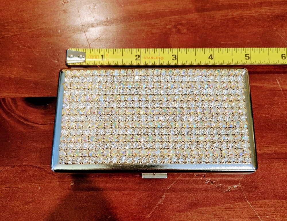 Diamond Rhinestone Silver Tone Cigarette Case, 100s, Mirror Inside