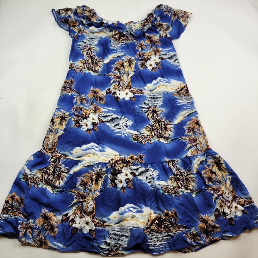 VTG Hilo Hattie Women's Size XS Blue Floral Maxi Cold Shoulder Hawaiian Dress