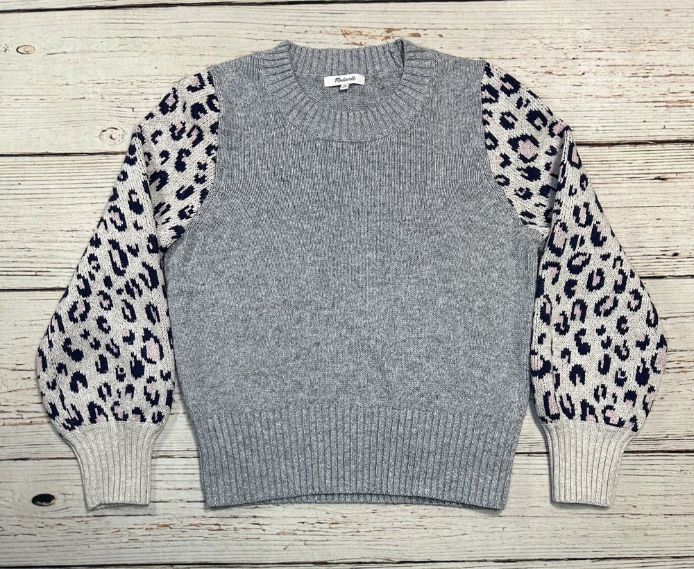 Madewell Womens Tensley Leopard Sleeve Sweater Cotton/wool Blend Pullover Gray M