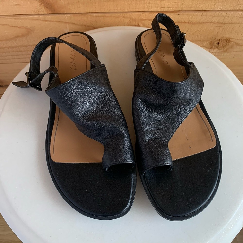 VIONIC Ella Toe Loop Sandal Black Leather Slingback Orthotic Flat 9m Boho