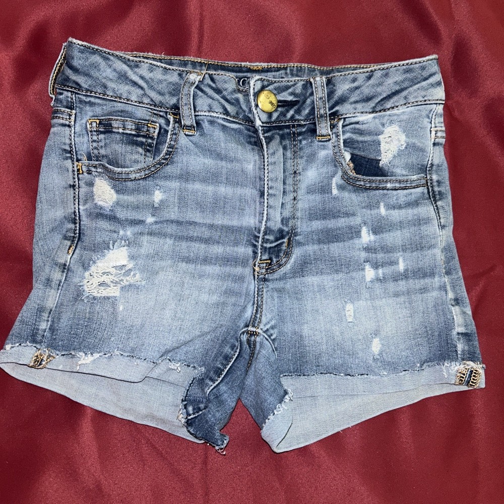 American Eagle Super Stretch Cuffed Aeo Denim Jean Shorts Distressed Size 4