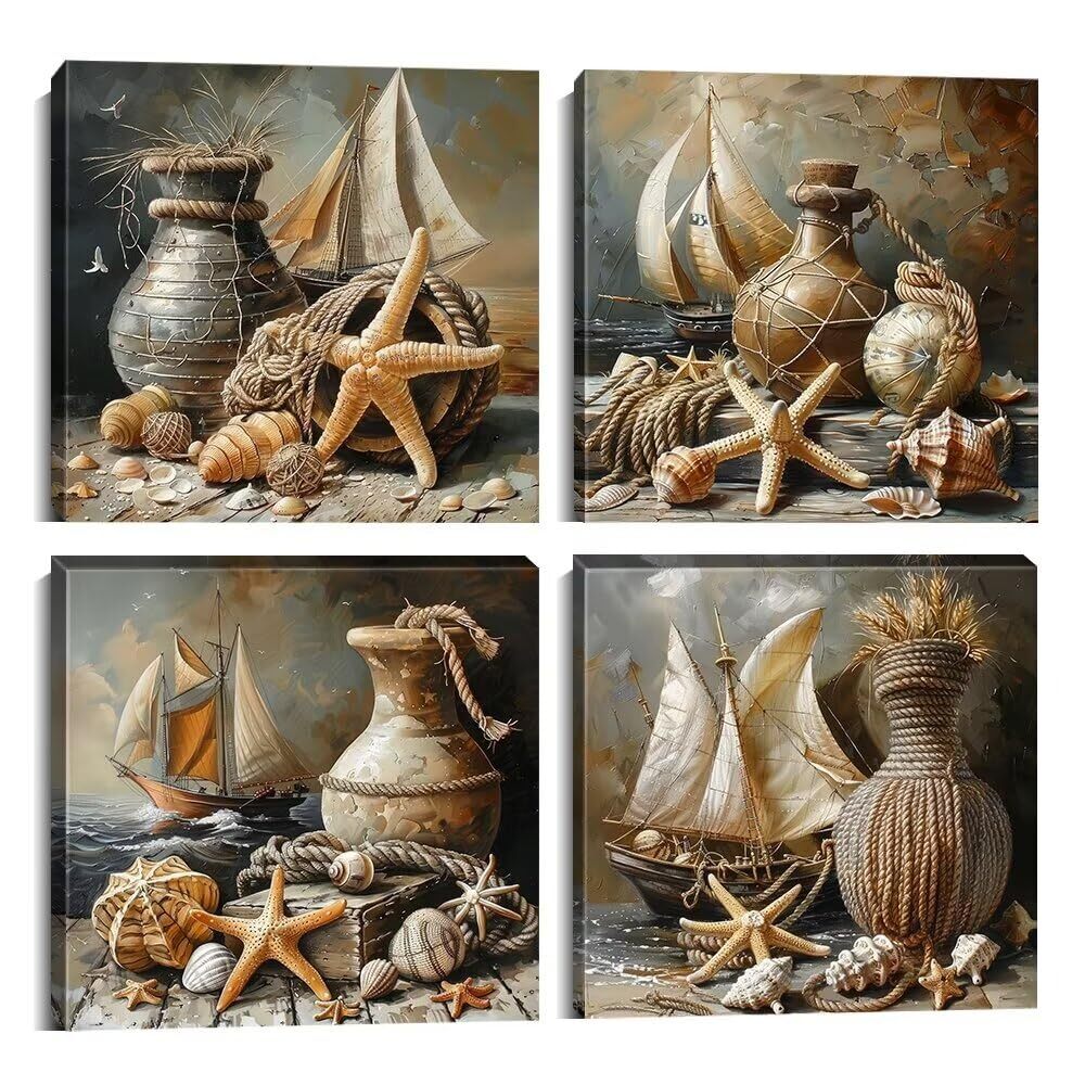 Nautical Wall Decor Ocean Sailboats Canvas Paintings Bathroom Wall Art, Beach...