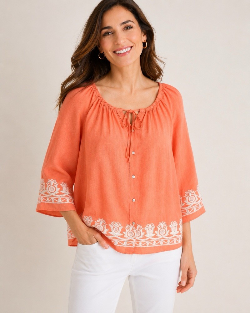 Talbots Petites M Coral Linen Embroidered Peasant Boho Blouse 3/4 Sleeve