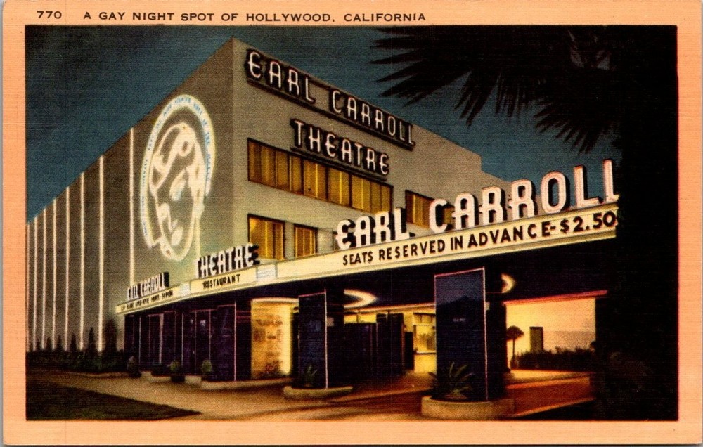 Vintage Earl Carroll Theatre Hollywood California Linen Postcard Night Spot