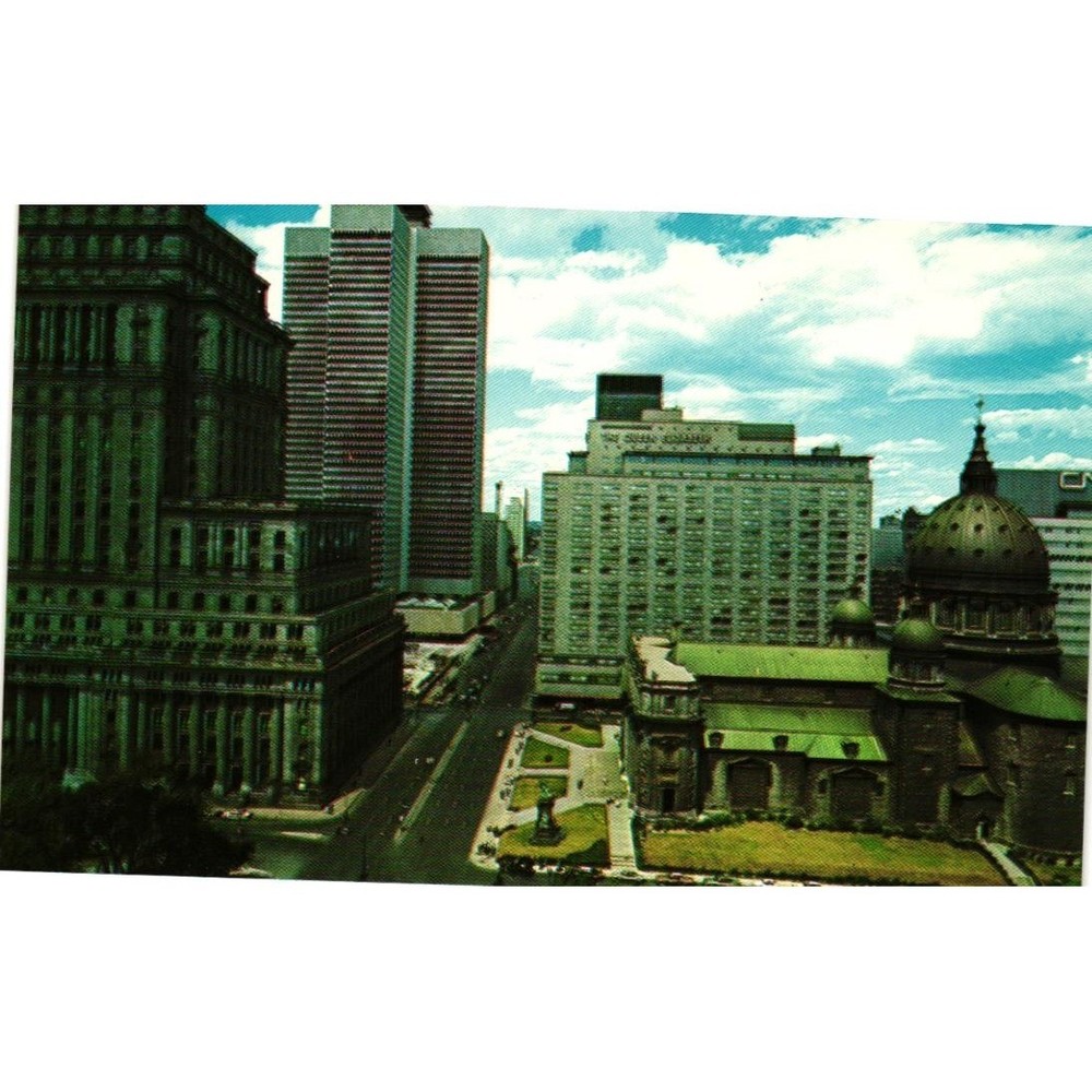 Vintage Montreal Canada Postcard Dorchester Street East Cathedral Plastichrome