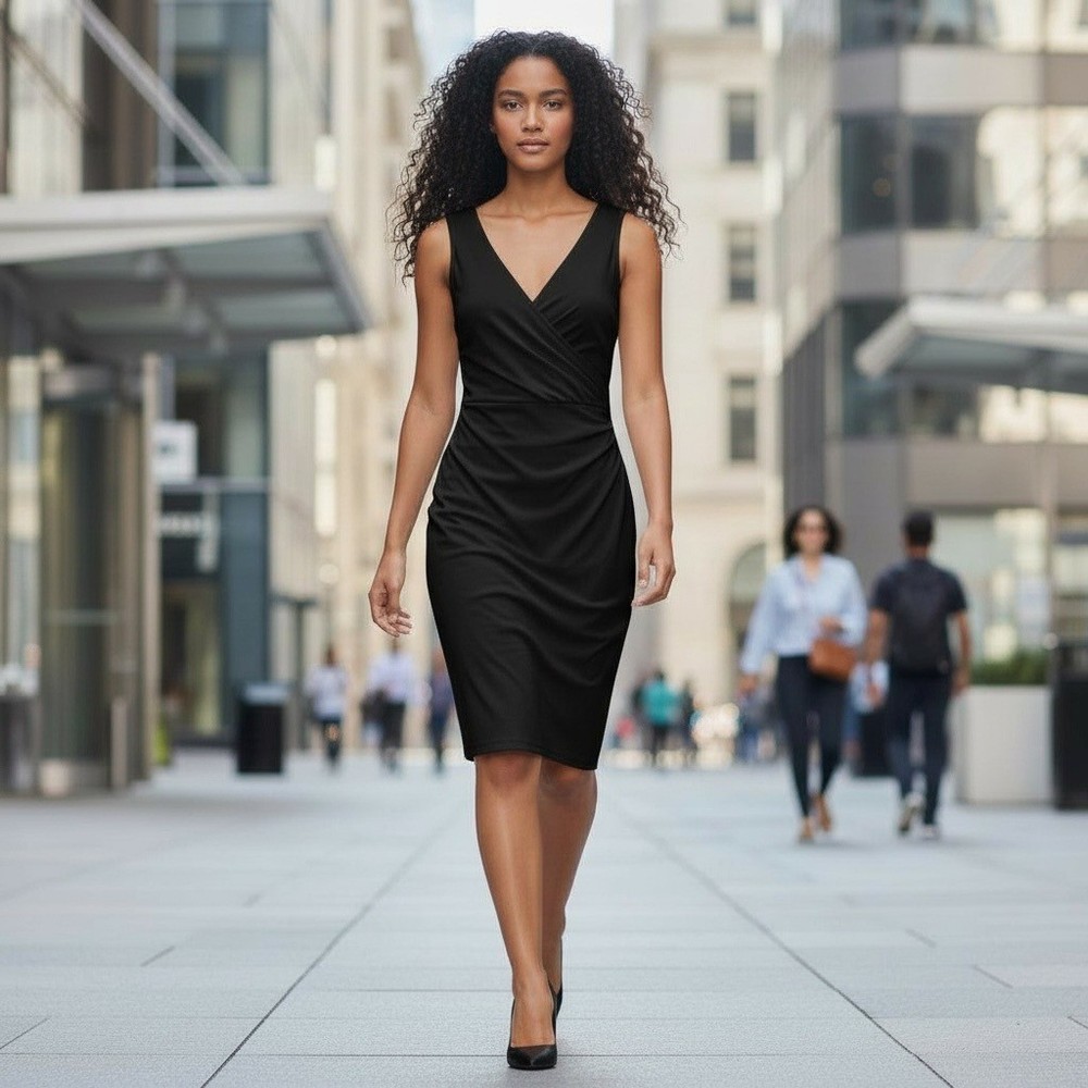 Jones New York Dress Black Sleeveless V Neck Wrap Ruched Midi Sheath Size M