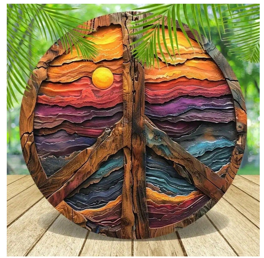 Vintage Peace Sign Wall Art, 8x8 Inch Iron Metal Plaque, Colorful Floral Design,