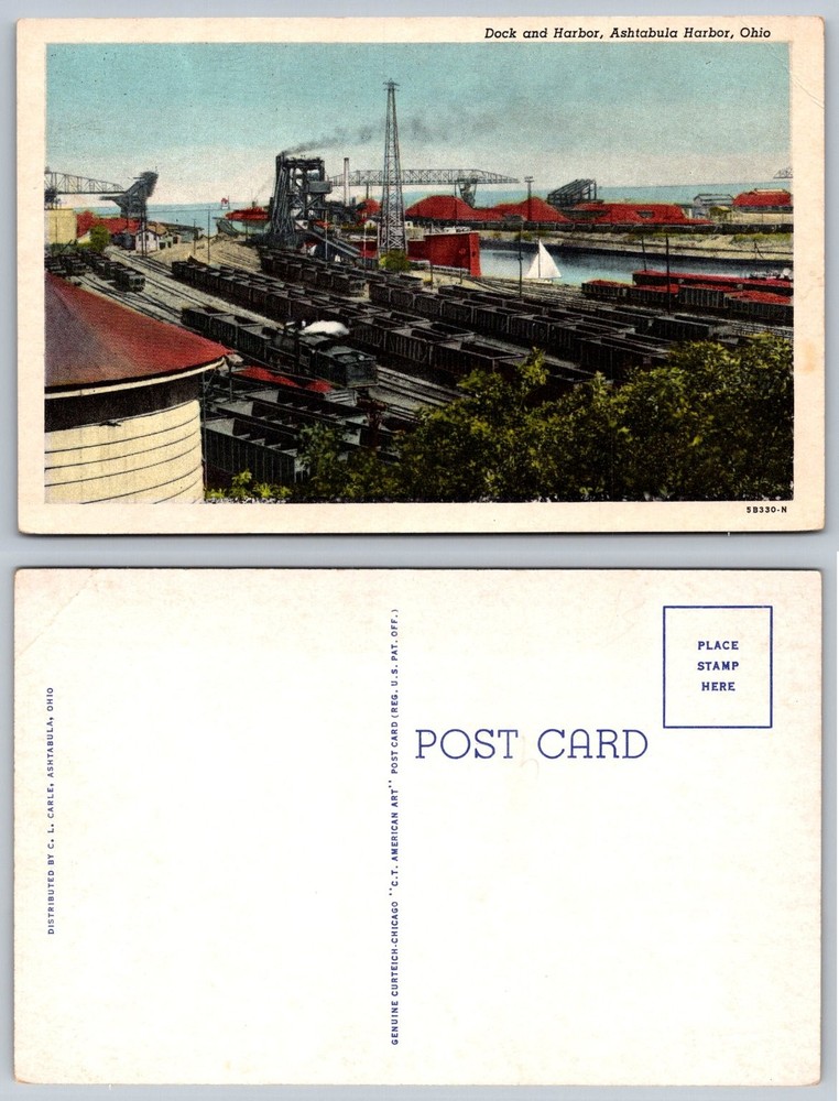 Ashtabula Harbor Ohio Dock Waterfront Curteich Linen Postcard 1940s