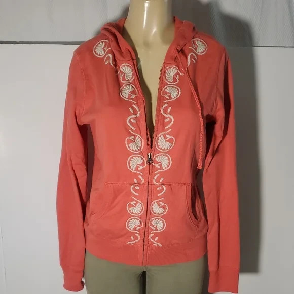 Vintage Lucky Brand Hoodie Womens Medium M Orange Y2K Full Zip Floral Embroidery