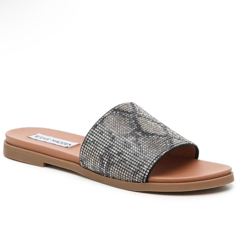 NEW Steve Madden Klove Woman Sandals Flat Slip On Rhinestone Strap Size 8.5M