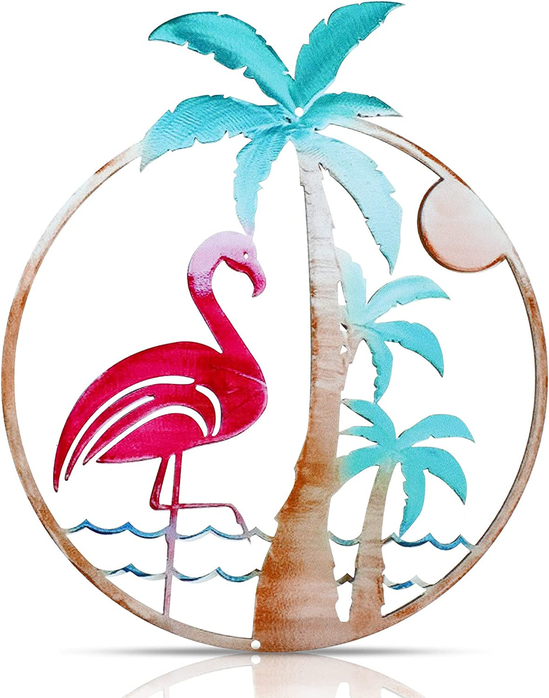 Flamingo Metal Wall Art Palm Tree Hanging Decor for Indoor Outdoor Flamingo Wall
