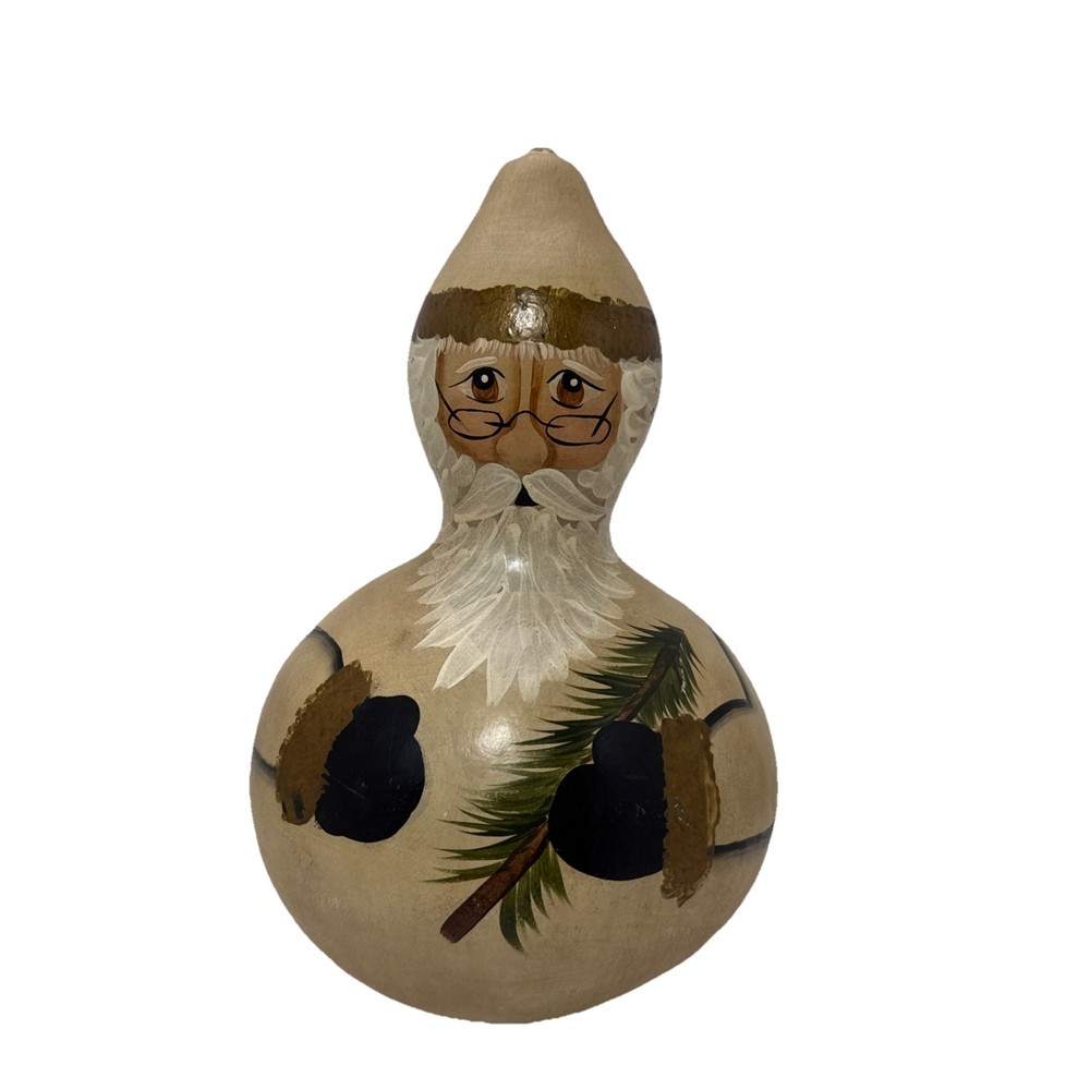 Hand Painted Gourd Rustic Santa Claus Christmas Cabin Chic Signed 9” H