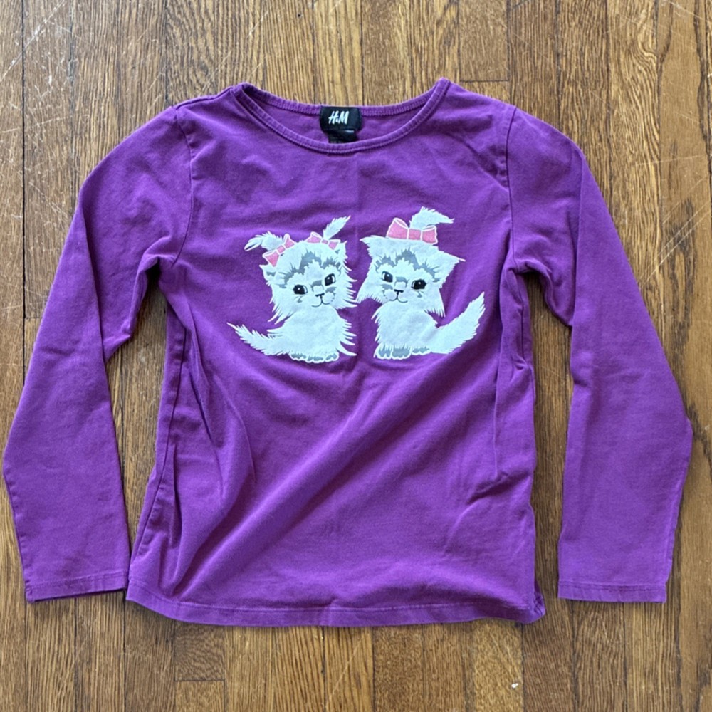 H&M Girls Purple Cat Graphic Long Sleeve Crew Neck T-Shirt Size 6-8Y