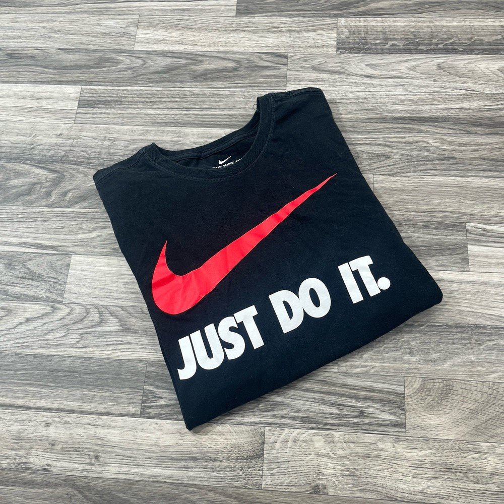 Nike Men’s Large Tee Shirt Black Red Big Swoosh Just Do It Graphic Logo Athletic